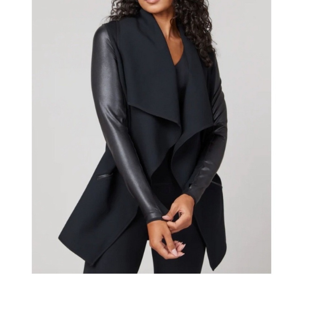 Ann Taylor Factory Black Open-Front Coatigan with Faux Leather Sleeves